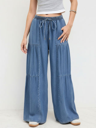 Denim Mid Rise Drawstring Ruched Wide Leg Jeans