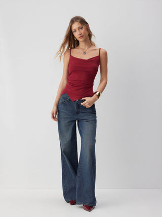 Knit Fabric Cowl Neck Ruched Asymmetrical Hem Cami Top
