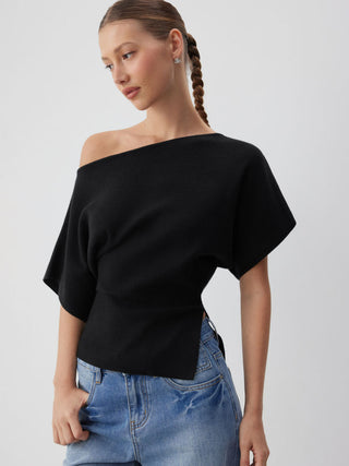 Knit Fabric Knit Boat Neck Asymmetrical Hem Spilt Batwing Sleeve Top  For Daily Casual Work