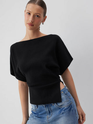 Knit Fabric Knit Boat Neck Asymmetrical Hem Spilt Batwing Sleeve Top  For Daily Casual Work