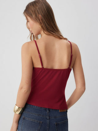 Knit Fabric Cowl Neck Ruched Asymmetrical Hem Cami Top