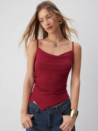 Knit Fabric Cowl Neck Ruched Asymmetrical Hem Cami Top