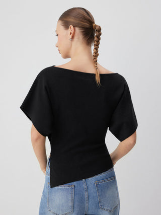 Knit Fabric Knit Boat Neck Asymmetrical Hem Spilt Batwing Sleeve Top  For Daily Casual Work
