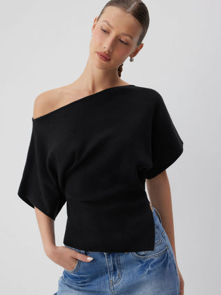 Knit Fabric Knit Boat Neck Asymmetrical Hem Spilt Batwing Sleeve Top  For Daily Casual Work