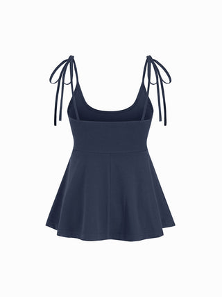 Cotton-blend Square Neck Babydoll Tie-Shoulder Flared Crop Top