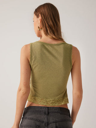 Knit Fabric Cotton-blend Square Neck Lace Trim Tank Top For Daily Casual