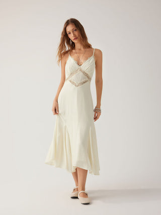 V-neck Lace Panel A-line Cami Midi Dress