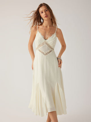 V-neck Lace Panel A-line Cami Midi Dress
