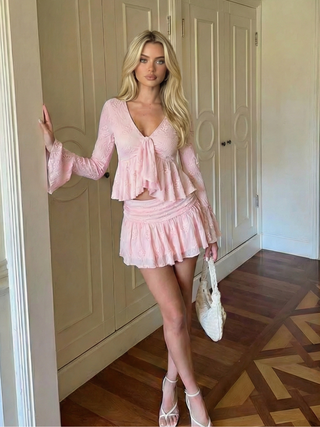 Lace V-neck Pointelle Bell Sleeve Crop Top With Ruched Mini Skirt Set