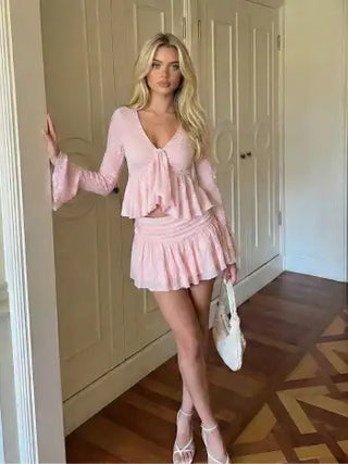 Lace V-neck Pointelle Bell Sleeve Crop Top With Ruched Mini Skirt Set