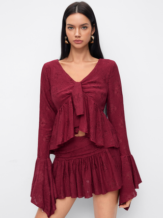 Lace V-neck Pointelle Bell Sleeve Crop Top With Ruched Mini Skirt Set