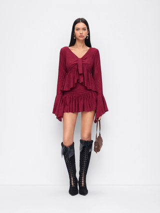 Lace V-neck Pointelle Bell Sleeve Crop Top With Ruched Mini Skirt Set