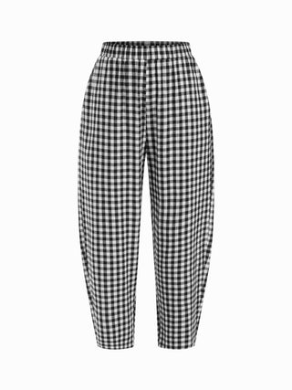 Boat Neck Checks Knotted Top & Mid Rise Elastic Waist Straight Leg Trousers Set