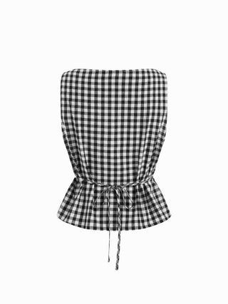 Boat Neck Checks Knotted Top & Mid Rise Elastic Waist Straight Leg Trousers Set