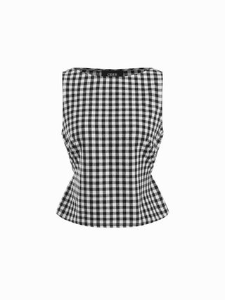 Boat Neck Checks Knotted Top & Mid Rise Elastic Waist Straight Leg Trousers Set
