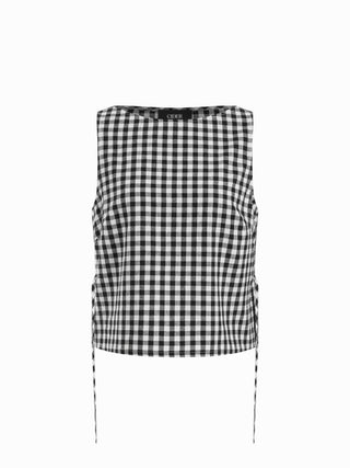 Boat Neck Checks Knotted Top & Mid Rise Elastic Waist Straight Leg Trousers Set