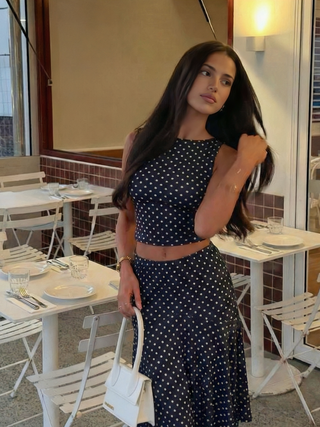 Boat Neck Polka Dot Top & Ruffle Hem Mid Rise Skirt Set