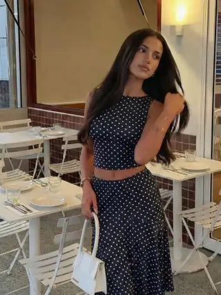 Boat Neck Polka Dot Top & Ruffle Hem Mid Rise Skirt Set