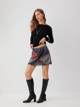 Chiffon Low Rise Aztec Asymmetrical Knotted A-line Mini Skirt