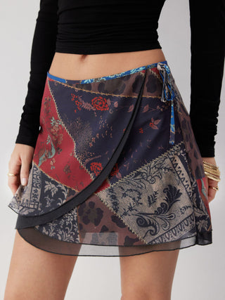 Chiffon Low Rise Aztec Asymmetrical Knotted A-line Mini Skirt