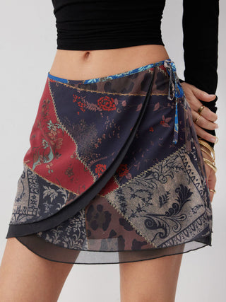 Chiffon Low Rise Aztec Asymmetrical Knotted A-line Mini Skirt