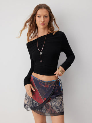 Chiffon Low Rise Aztec Asymmetrical Knotted A-line Mini Skirt