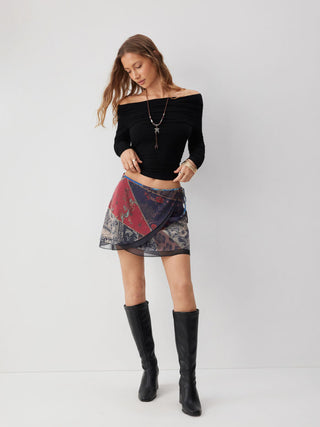 Chiffon Low Rise Aztec Asymmetrical Knotted A-line Mini Skirt
