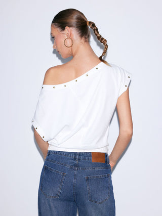 Cotton-blend Asymmetrical Neck Oversize Crop Tee