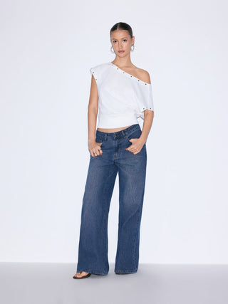 Cotton-blend Asymmetrical Neck Oversize Crop Tee