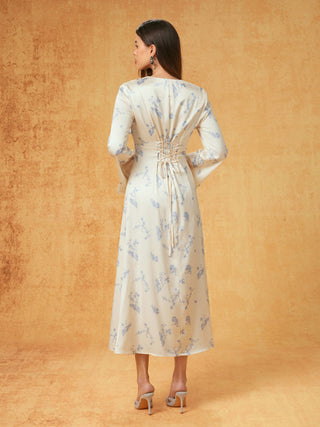 Satin V-neck Floral Lace Up Bell Sleeve Maxi Dress