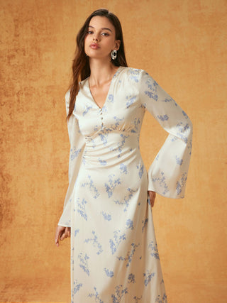 Satin V-neck Floral Lace Up Bell Sleeve Maxi Dress