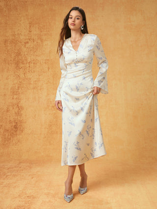 Satin V-neck Floral Lace Up Bell Sleeve Maxi Dress