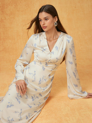 Satin V-neck Floral Lace Up Bell Sleeve Maxi Dress