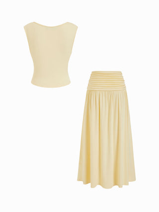 V-neck Twist Ruched Top & Mid Rise Ruched Flared Maxi Skirt Set