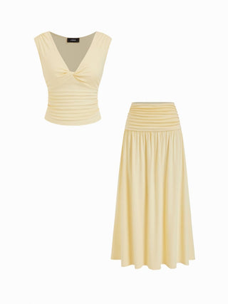 V-neck Twist Ruched Top & Mid Rise Ruched Flared Maxi Skirt Set