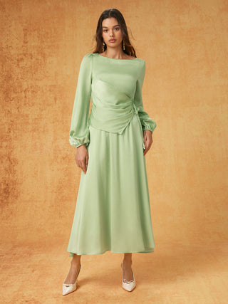 Satin Boat Neck Lantern Sleeve Asymmetrical Maxi Dress