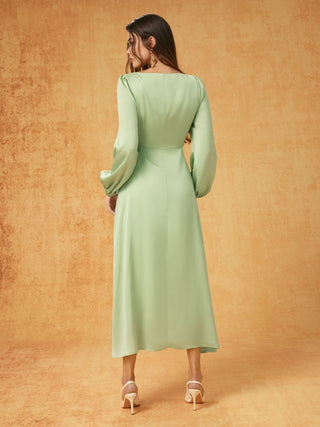 Satin Boat Neck Lantern Sleeve Asymmetrical Maxi Dress