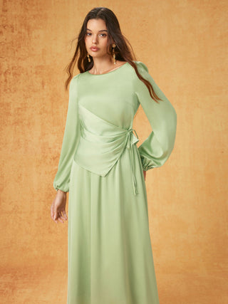 Satin Boat Neck Lantern Sleeve Asymmetrical Maxi Dress