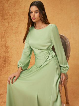 Satin Boat Neck Lantern Sleeve Asymmetrical Maxi Dress