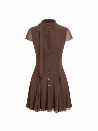 Mesh High Neck Short Sleeve Draped A-line Mini Dress With Scarf