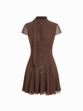 Mesh High Neck Short Sleeve Draped A-line Mini Dress With Scarf