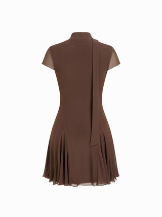 Mesh High Neck Short Sleeve Draped A-line Mini Dress With Scarf