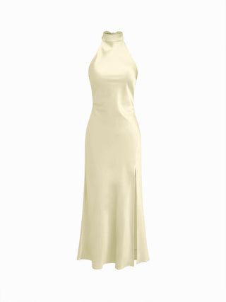 Satin Halter Neck Wrap High Rise Mermaid Maxi Dress