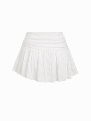 Lace V-neck Pointelle Bell Sleeve Crop Top With Ruched Mini Skirt Set