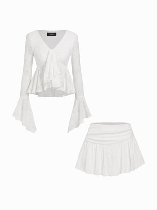 Lace V-neck Pointelle Bell Sleeve Crop Top With Ruched Mini Skirt Set