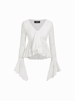 Lace V-neck Pointelle Bell Sleeve Crop Top With Ruched Mini Skirt Set