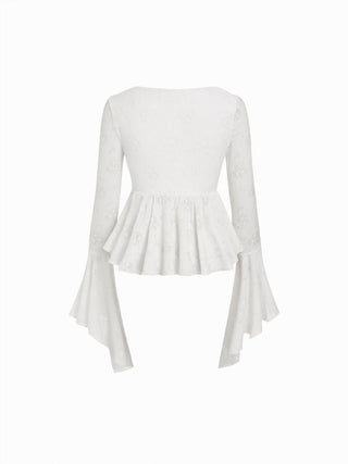 Lace V-neck Pointelle Bell Sleeve Crop Top With Ruched Mini Skirt Set