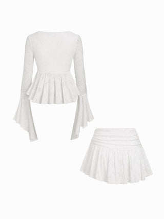 Lace V-neck Pointelle Bell Sleeve Crop Top With Ruched Mini Skirt Set