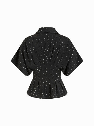 Chiffon Polka Dot Ruched Cinched Waist Batwing Sleeve Blouse