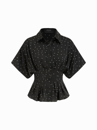 Chiffon Polka Dot Ruched Cinched Waist Batwing Sleeve Blouse